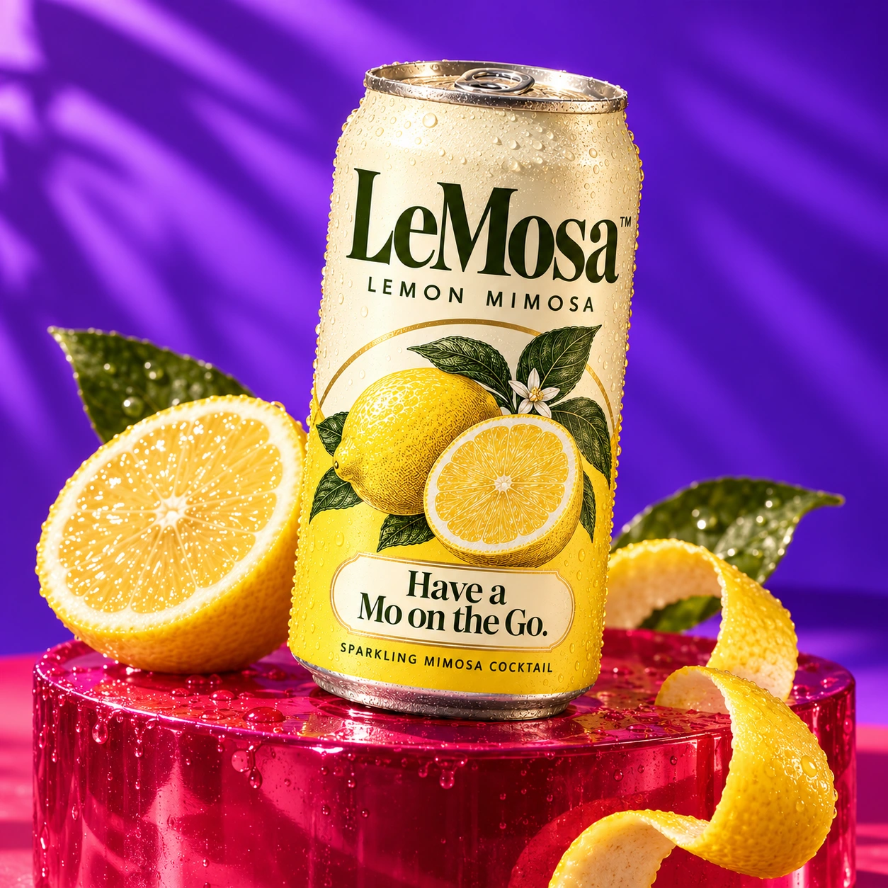 LeMosa lemon mimosa can with fresh lemon against a vivid violet and raspberry backdrop