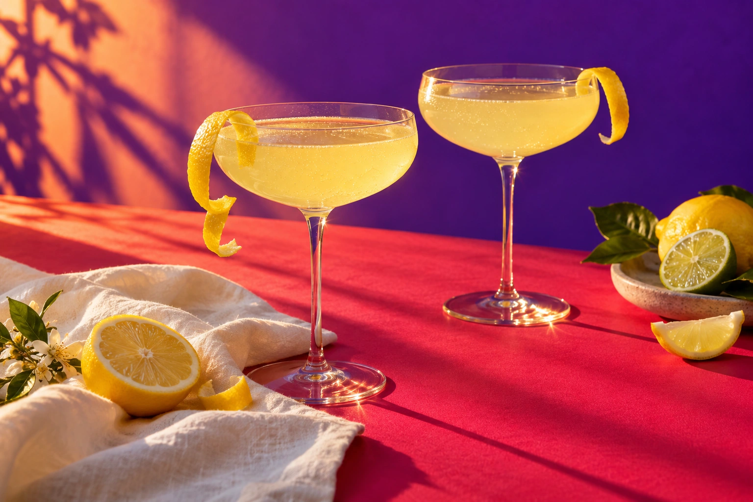 Two sparkling citrus mimosas with lemon curls on a raspberry table